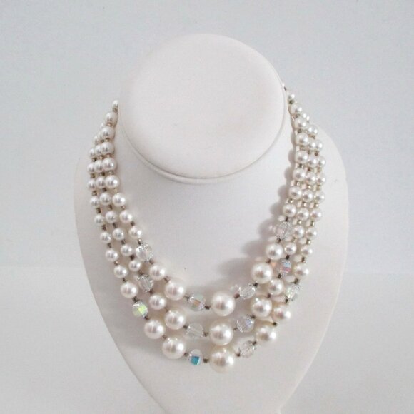 Glass Pearl Bead Necklace Triple Strand Crystals - Picture 1 of 8